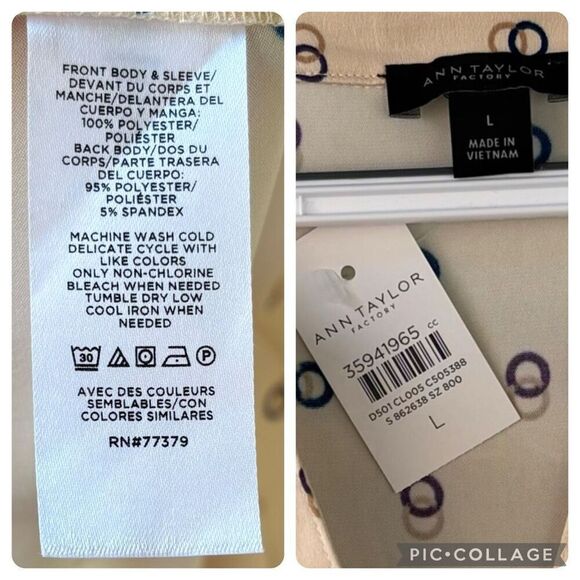 New Ann Taylor Cream Tan Navy Ring Print Blouse Top Elastic Cuff Split Neck Sz L - Picture 8 of 8